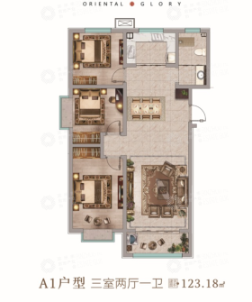 盛世东方A2户型3室2厅1卫1阳台119㎡