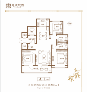 惠众花园A户型3室2厅2卫1阳台136㎡