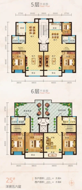 渤海城邦洋房五六层25＃户型4室2厅2卫2阳台 221㎡