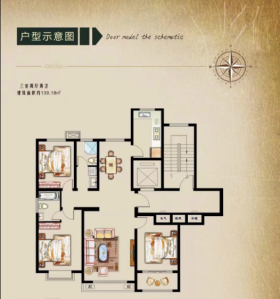 北海城市花园A1户型3室2厅2卫1阳台139.18㎡