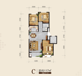 六合文苑A2户型3室2厅1卫1阳台 117㎡
