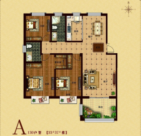 香格里拉•錦秀花园A4户型3室2厅2卫1阳台 135㎡