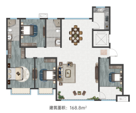 恒升观澜郡B户型4室2厅2卫168.8㎡